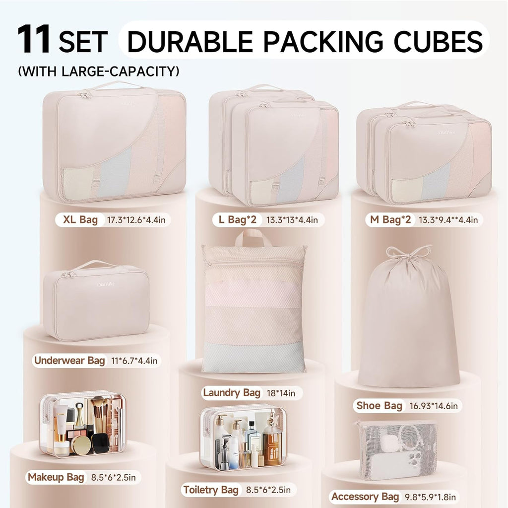 Skiennix 11-Piece Packing Cubes Set - TSA Approved Travel Organizers for Makeup & Toiletries | Beige