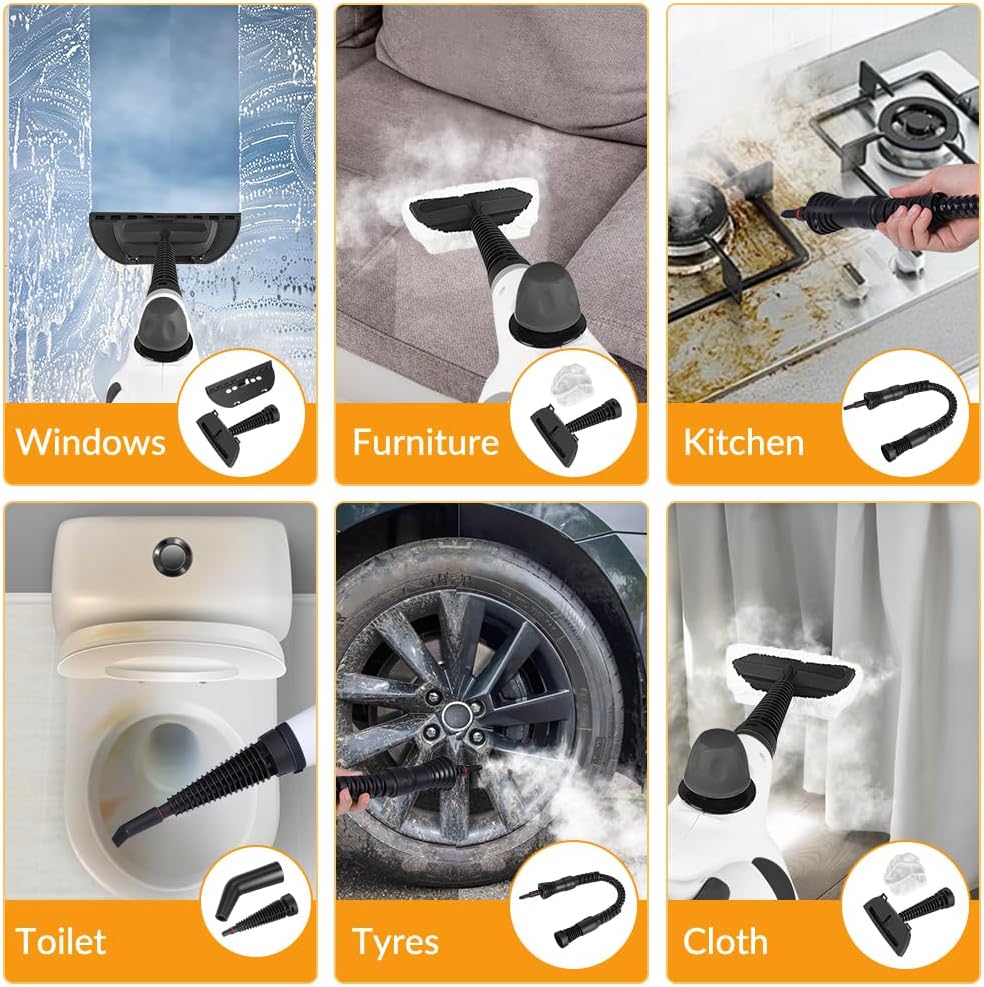 Skiennix Handheld Steam Cleaner - Powerful Pressurized Cleaning with 12 Accessories | Deep Gray