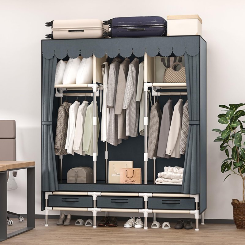 LEAIJIAFY Portable Armoire Wardrobe Closet with 3 Drawers and 3 Hanging Rods,Cloth Closet Wardrobe Cabinet for Hanging Clothes,Grey Cover,for Clothing,Bedding,51 in Width