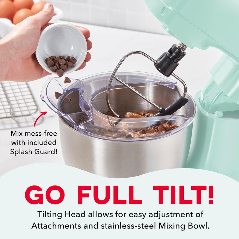 Dash Stand Mixer - Tilt-Head Electric Stand Mixer with Stainless Steel Bowl and Splash Guard For Baking - Aqua, 3.5-Quart