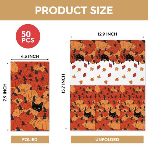 Horaldaily 50 Fall Disposable Paper Decorative Guest Napkins, Pumpkin Black Cat Hand Towel for Party Lunch Dinner Kitchen Bathroom