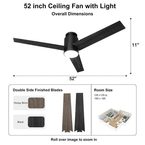 Flybull 52’’ Ceiling Fans with Lights Remote Control: Black Flush Mount Ceiling Fan for Bedroom - Quiet Low Profile Ceiling Fan 6 Speed & LED Light