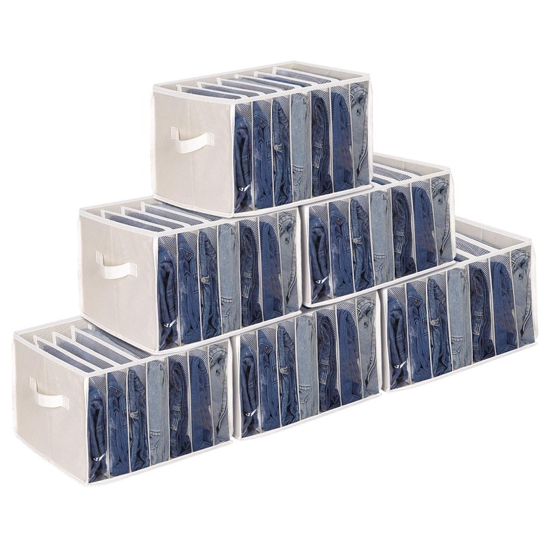 Zilink Upgraded Wardrobe Clothes Organizer with Support Board Clear Pants Organizer for Closet with 7 Grids Divider Extra Large Closet Drawer Organizer for Jean Pant Sweaters T-Shirt, 6 Pack, Beige