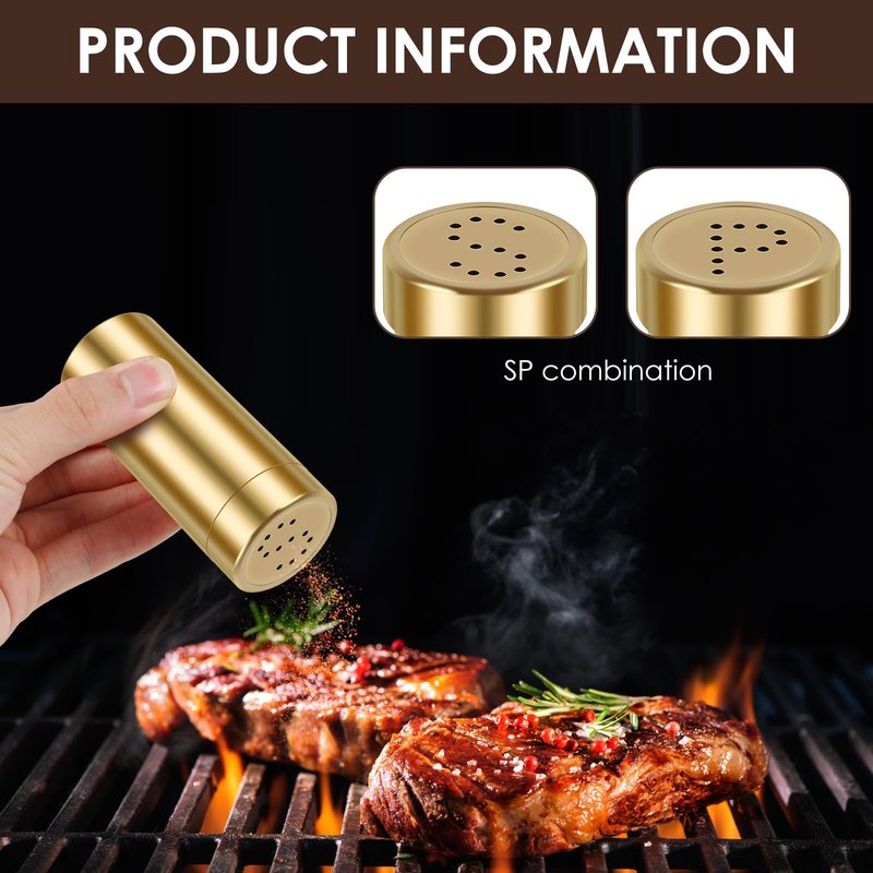Stainless Steel Spice Shaker Jars 2Pcs Salt and Pepper Shakers Set Practical Salt Pepper Shaker for Home Barbecue Cooking (Gold)