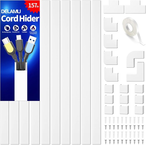 Delamu Cord Hider - 157in Premium Cable Management Covers for Wall Wires | White, 0.95in x 0.55in