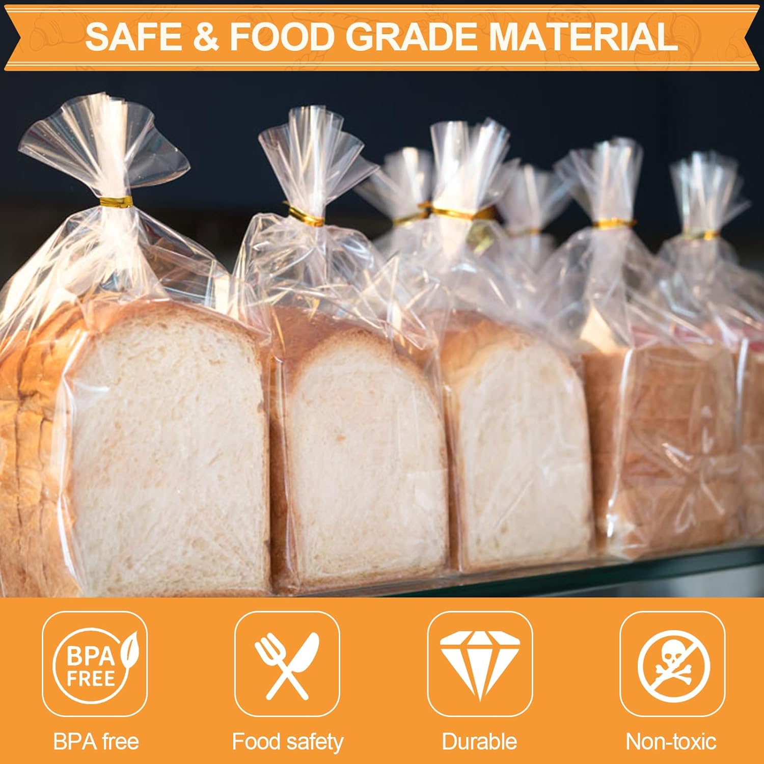 Vivinin Clear Bread Bags - 70 Pack with 100 Ties | 8" x 4" x 18" Reusable Storage for Homemade Bread