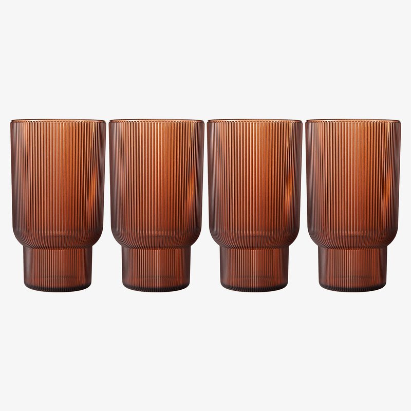 Shatterproof Acrylic Tall Drinking Glasses Set, European Style, Dishwasher Safe, Ribbed | Set of 4 | Fluted Tritan, Unbreakable BPA-free Plastic, Reusable Stackable Glassware 14.5oz - Burnt Orange