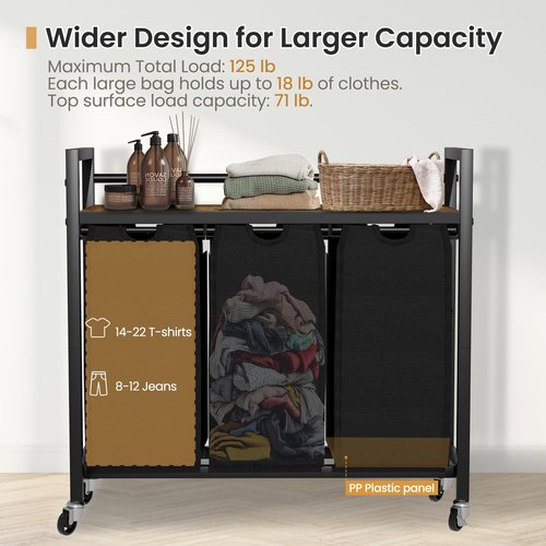 SwaaVee Laundry Hamper, Laundry Basket, Laundry Sorter with 3 Removable Bags, Clothes Basket with 3 Compartments, Wheels, Shelf for Laundry Room Bathroom Bedroom (3 Bags-Black)