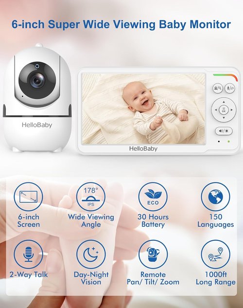 HelloBaby Baby Monitor - 6" IPS Screen, 30-Hour Battery, No WiFi, Night Vision, 1000ft Range | Ideal for Moms & Pets