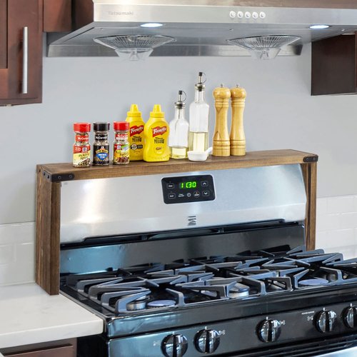 MyGift 34 Inch Over The Stove Spice Rack Deluxe Rustic Burnt Brown Solid Wood Display Shelf with Industrial Black Metal Corner Bracket Decoration Accents