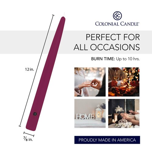 Colonial Candle Unscented Taper Candle, Handipt Collection, Mulberry, 12 in, Pack of 12 - Up to 10 Hours Burn