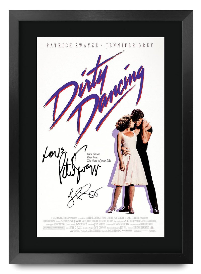 HWC Trading Dirty Dancing Movie Poster Cast Signed Patrick Swayze Jennifer Grey 16 x 12 inch Framed Gift Printed Autograph Film Print Photo Picture Display - 16" x 12" Framed