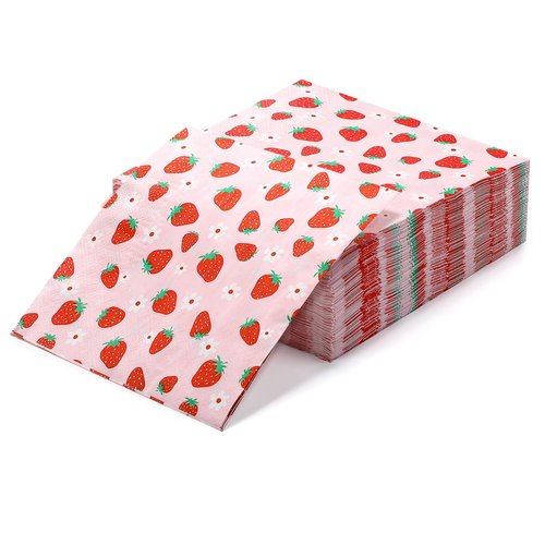 Janlaugh 100 Pcs Strawberry Paper Napkins Set Disposable Summer Fruit Paper Napkins Pink for Berry Sweet Strawberry Decoration Catering Event Birthday Summer Party Supplies (6.5 x 6.5 Inches)