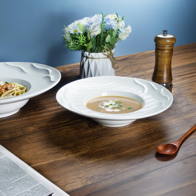 dingdaer Ceramics Rimmed Soup bowls Set of 4, Embossed Wide Rim Small Mouth Pasta Plates 10.2 OZ/300 ml, Microwave Dishwasher Safe, for high end restaurants and best choice for gourmets, 9.45 Inch