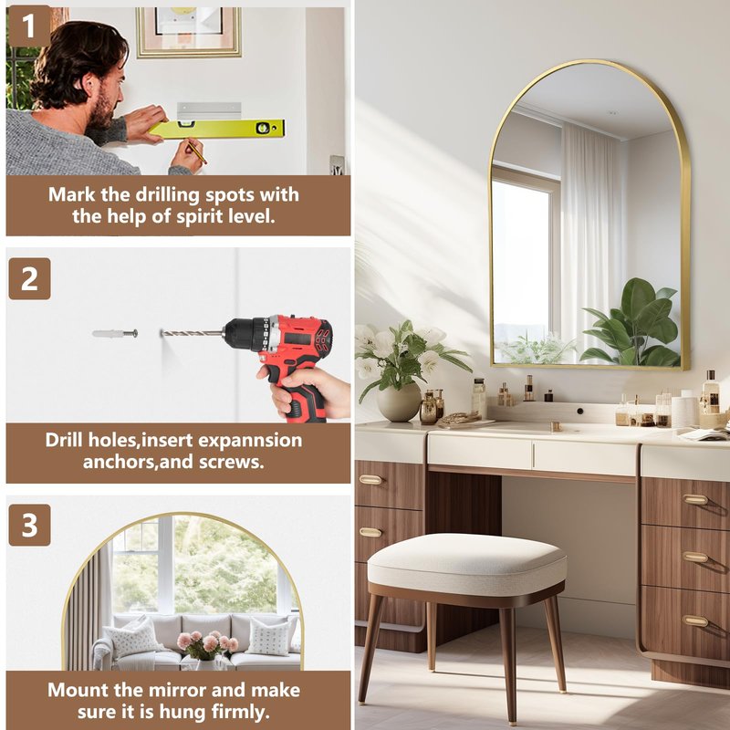 JENBELY 24"x36" Arched Mirror, Gold Arch Bathroom Mirror, Gold Vanity Mirror with Metal Frame, Arched Wall Mirror for Bedroom, Living Room, Hallways