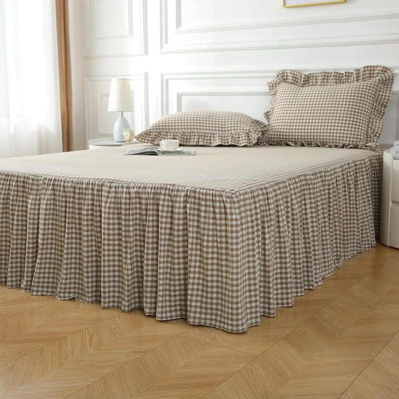 Silnuo Taupe/White Plaid Bed Skirt Washed Cotton Shabby Gingham Checkered Dust Ruffle King Size 18" Bedding(1 Bed Skirt Only)