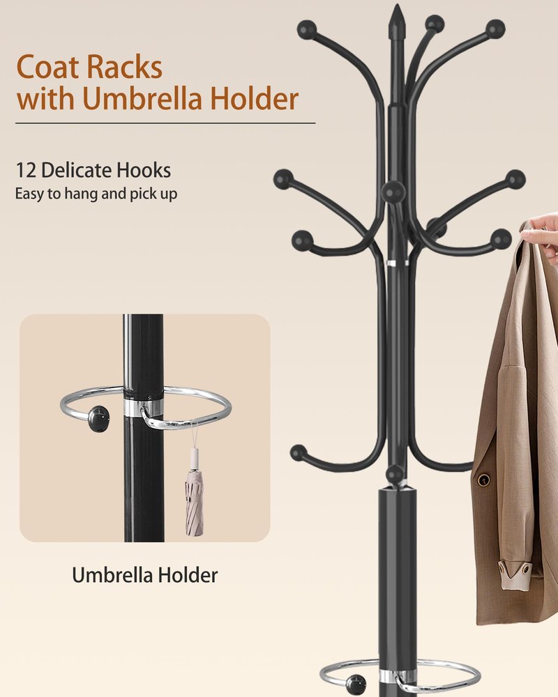 ZIECUKU Metal Coat Rack with Natural Marble Base, Coat Rack Stand with 12 Hooks & Umbrella Holder, Black Modern Freestanging Coat Racks, Coat Jacket Hanger Tree Stand for Corner Entryway Office