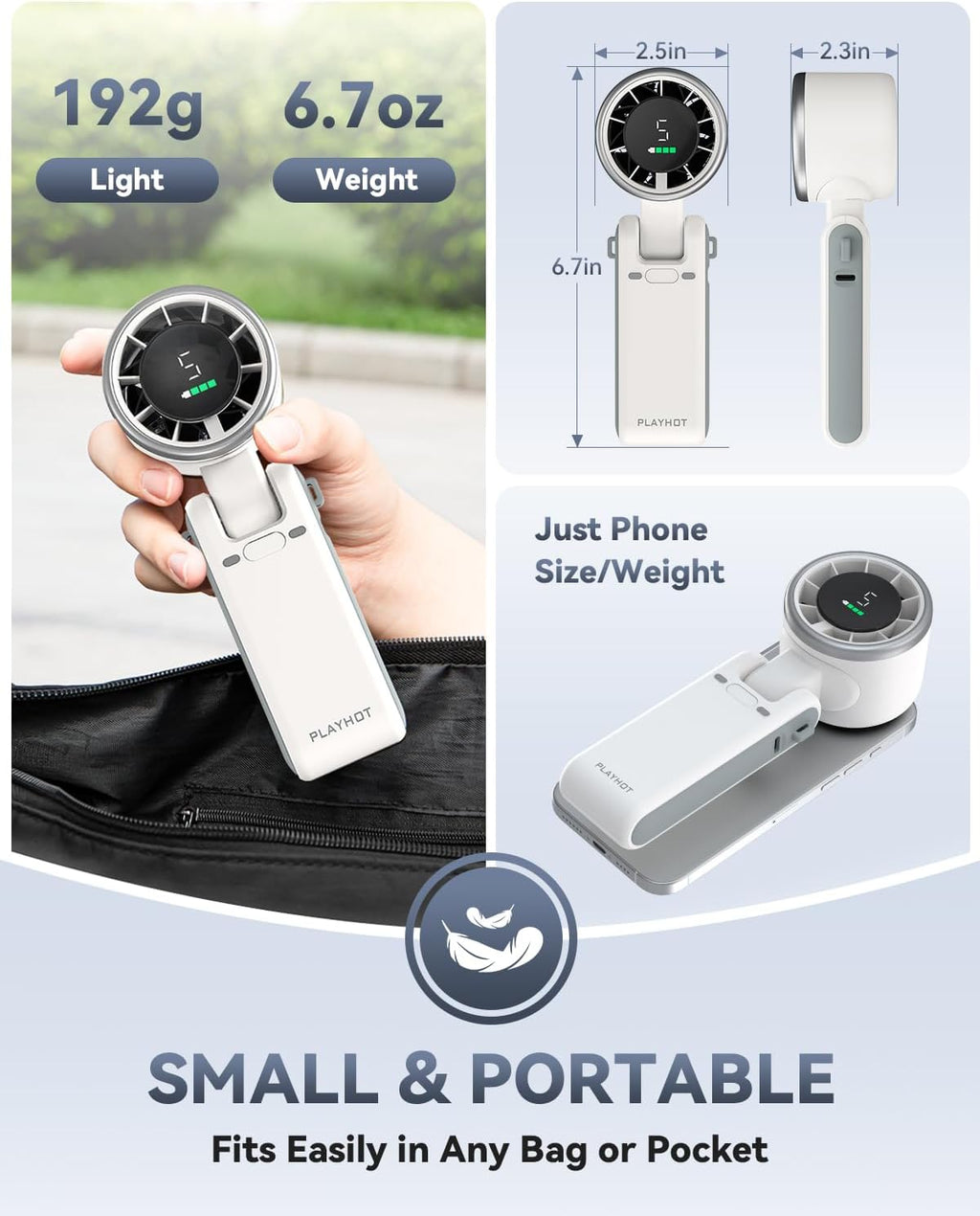 PlayHot Portable Handheld Turbo Fan - 5-Speed Battery Operated Cooling Fan for Outdoor Use | White