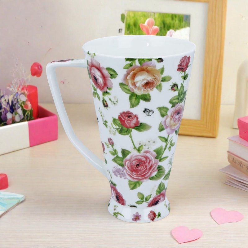 Glen Mila 17oz Cute Coffee Mug for Women Bone China Coffee Mug Cute Mugs Christmas Mugs Birthday Gifts for Mom Friends (white garden flower mug)
