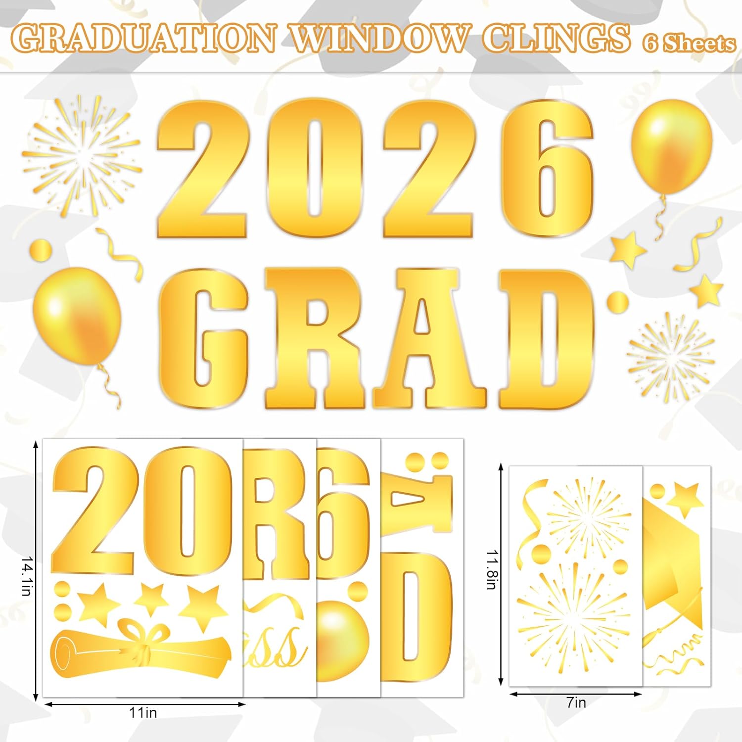 Whaline Graduation Window Clings - Class of 2026 Gold Foil Reusable Decals for Home & School Decor