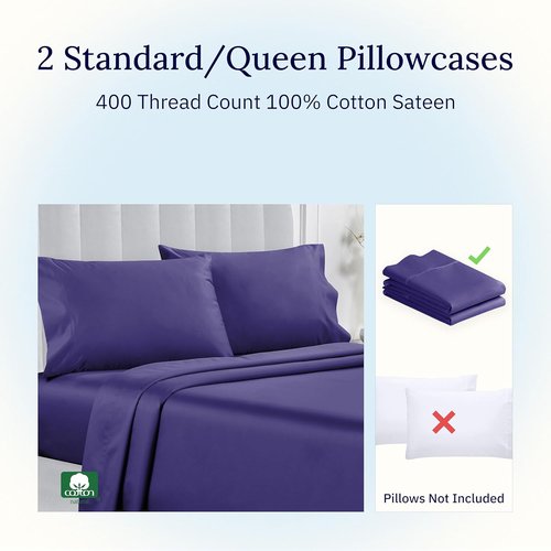 California Design Den Pillowcase Set | Standard Queen Size, 400 Thread Count, 100% Cotton Sateen, Dark Purple - Soft & Breathable