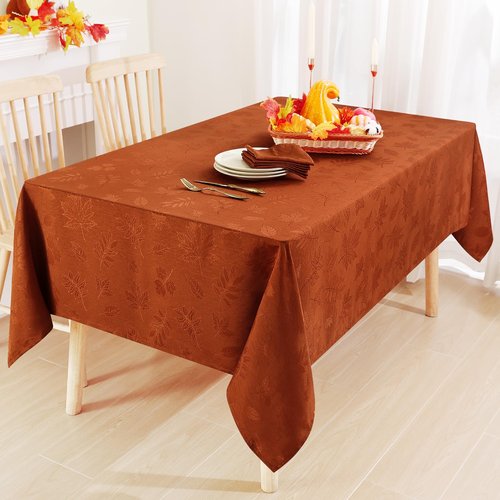 Smiry Rectangle Tablecloth, 60x102 Inch Waterproof Damask Table Cloth, Leaves Patterns Fabric Jacquard Table Covers for Parties, and Holiday Dinner, Rust