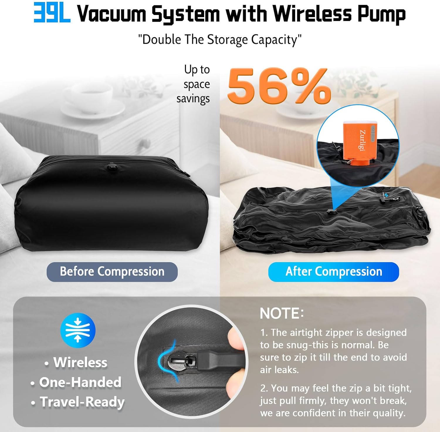 Zurligi Travel Vacuum Bags - IPX8 Waterproof Compression Bags with Mini Pump | 39L for Clothes & Luggage (2-Pack, Black)