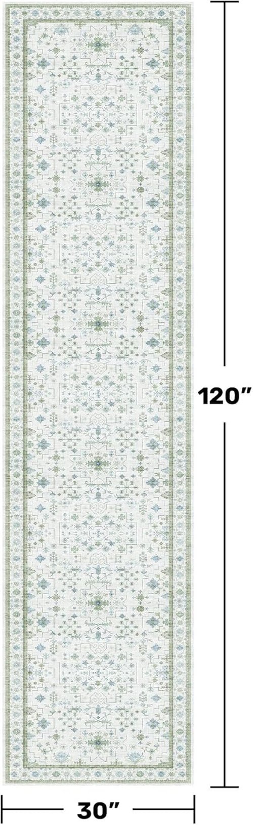 Hazo Haus Oushak Runner Rug - Vintage Turkish Floral Design | Washable Low Pile, Non-Slip | 2'6"x10' - Blue & Green