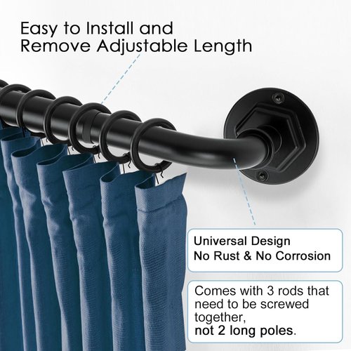 Byondeth Curtain Rods - Adjustable Blackout Wrap Around | 16-45 Inches, 1 Inch Diameter, Black