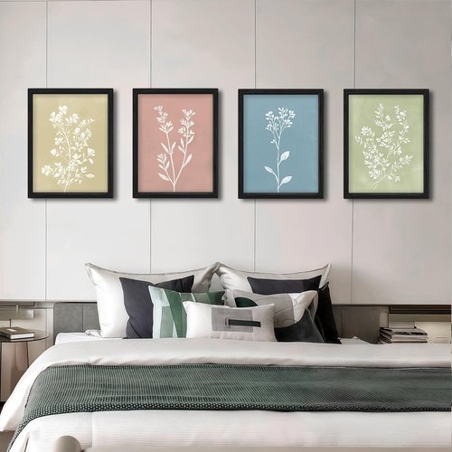 JIMUJIA Minimalist Plant Wall Art Set - Modern White Designs on Light Green, Blue & Pink | 4-Piece Framed Decor (12x16 Inch)