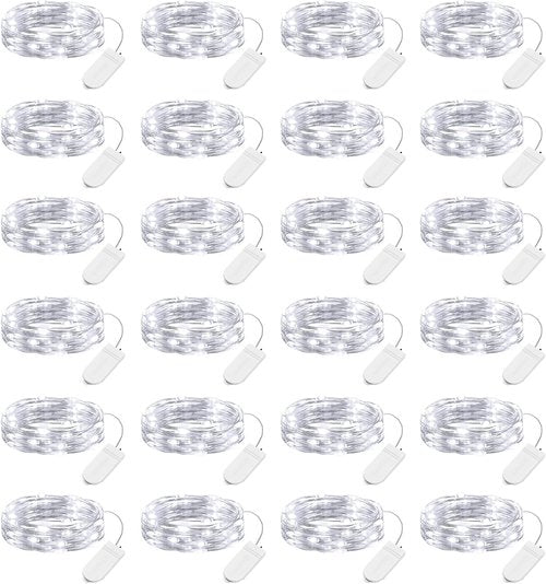 Brightown LED Fairy Lights - 24 Pack Battery Operated 7 ft Waterproof Silver Wire | Perfect for Weddings & Crafts (White)