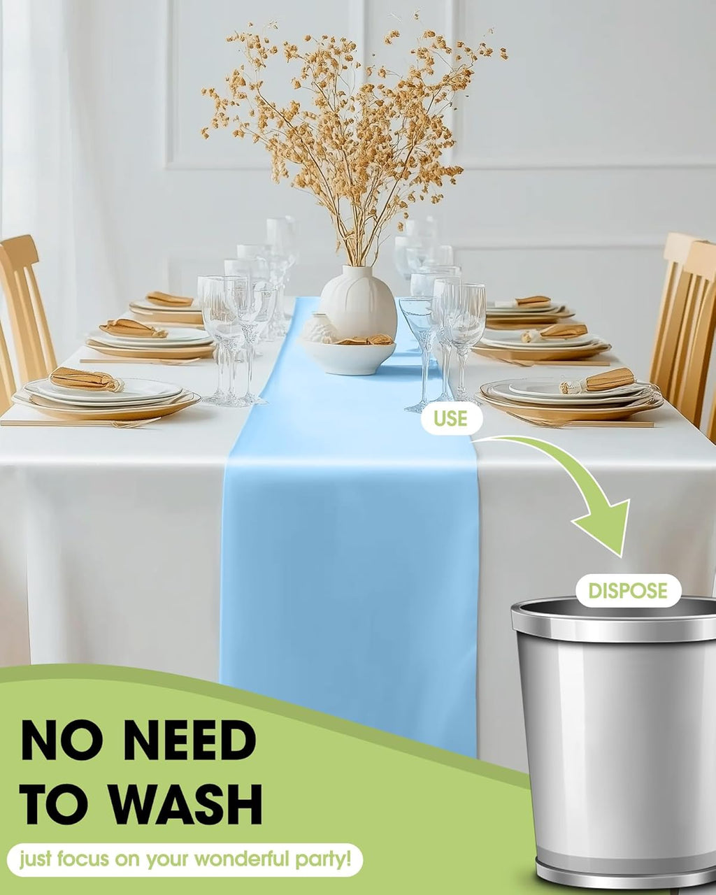 Pureegg Light Blue Plastic Table Runners - 10 Pack, 14'' x 108'', Water-Resistant & Disposable for Weddings, Parties, and Home Decor