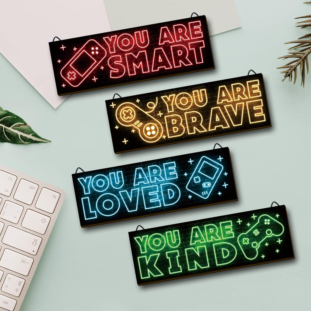 YLOLUL Neon Game Art Prints - 4-Piece Wood Wall Decor for Boys' Rooms | Inspirational Gamer Decor, 12 x 4 Inch, Red