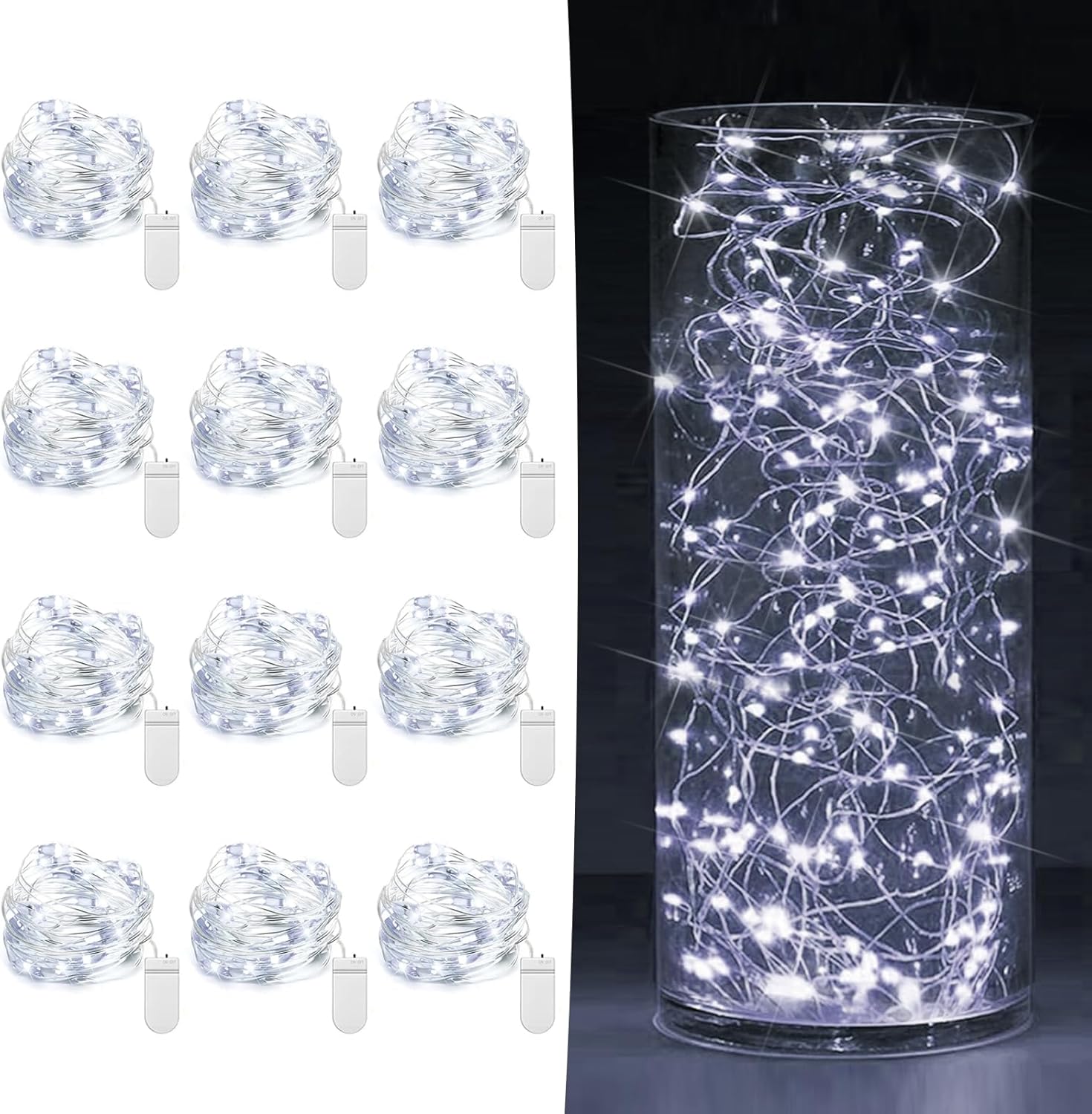 Skiennix 12 Pack Fairy Lights - Battery Operated 7ft Mini String Twinkle | Silver Wire for Weddings & Parties