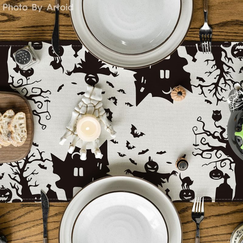 Artoid Mode Black White Spooky Haunted House Tree Ghost Witch Halloween Table Runner, Kitchen Dining Table Decoration for Home Party Decor 13x120 Inch