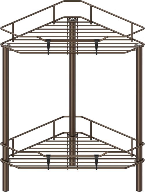 HuggieGems Corner Shower Caddy Organizer - 2 Tier Floor Stand with Hooks | Bronze Bathroom Shelf Rack