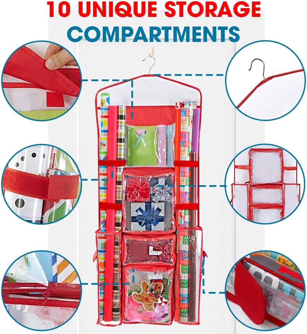 ProPik Wrapping Paper Storage Organizer - Double-Sided Design with Multiple Pockets, 40" x 17", Red