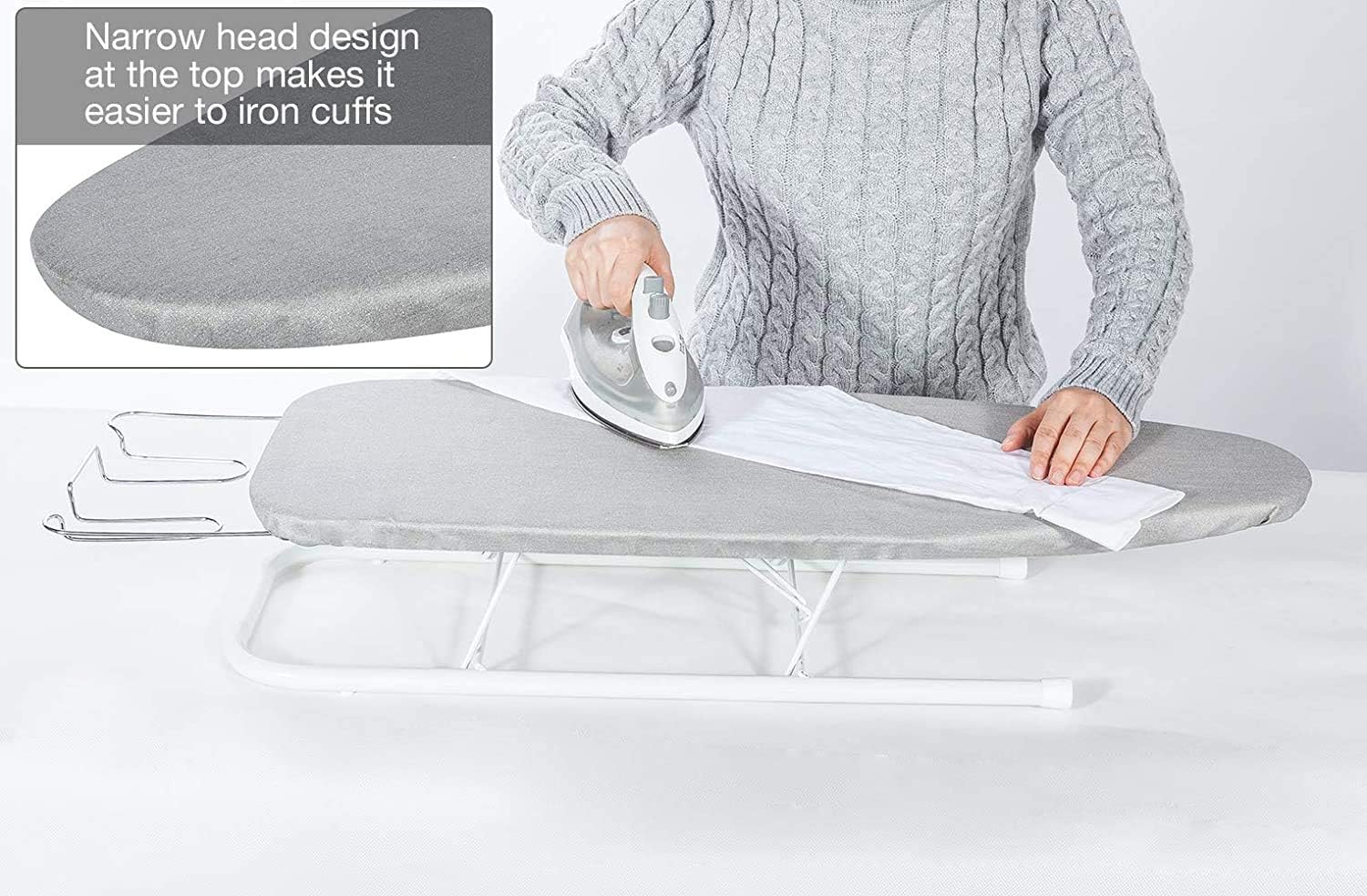 Storage Maniac Tabletop Ironing Board - All-Iron Frame with Iron Rest & Silver Metallic Cover - Silver Grey