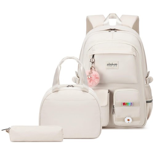 abshoo Large School Backpack with Lunch Bag Teen Girls School Bookbag 3PCS Student Backpacks Set Travel Daypack (Beige)