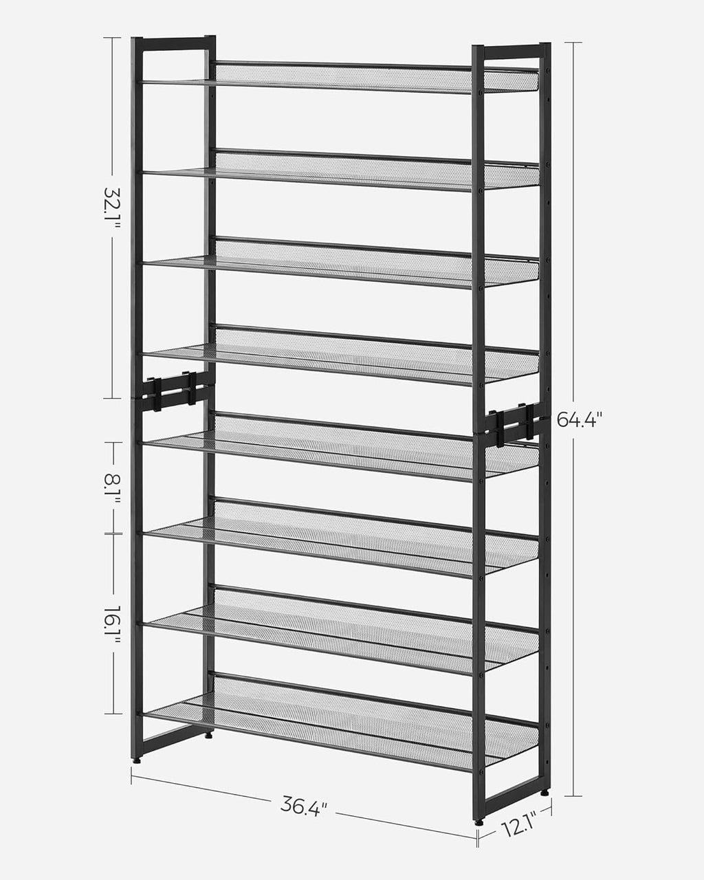 SONGMICS 8-Tier Shoe Rack - Metal Organizer for Garage | Set of 2 Stackable Shelves, Holds 32-40 Pairs, Ink Black