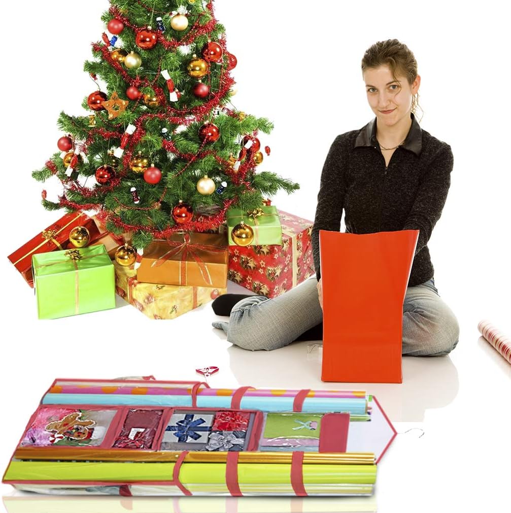ProPik Wrapping Paper Storage Organizer - Double-Sided Design with Multiple Pockets, 40" x 17", Red