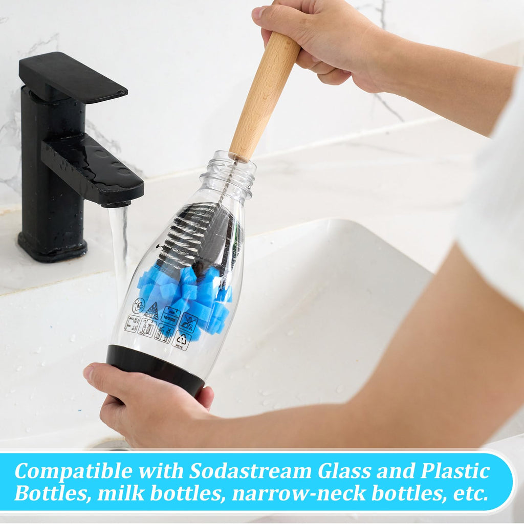Mimorou 2 Pack Sponge Bottle Brush Compatible with SodaStream, Soda Bottle Cleaner Brush with Gentle & Anti-Scratch Bristles, Wood Handle for Glassware Cleaning, Black