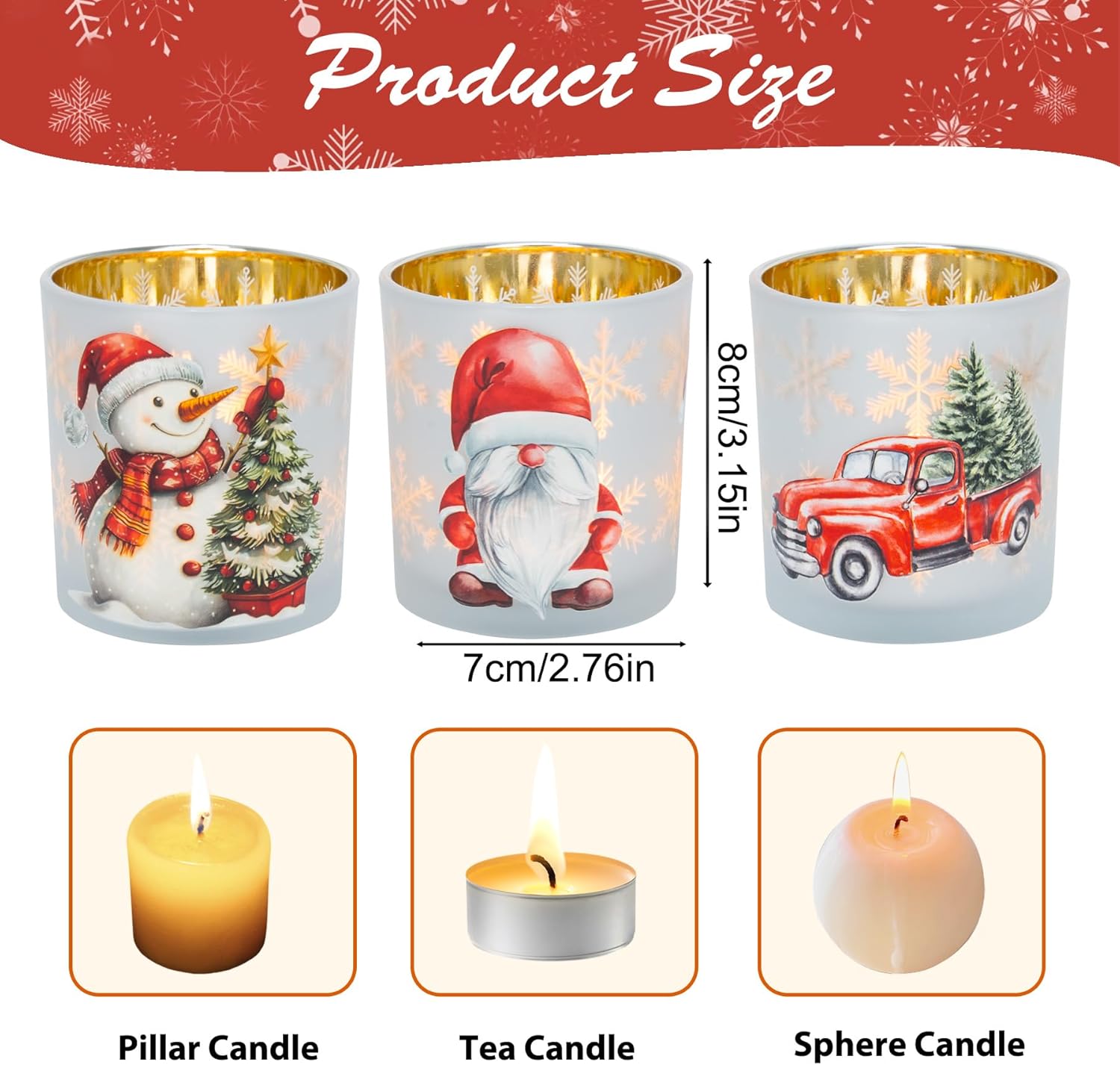 Regine Switzerland Christmas Votive Candle Holders - Set of 3 White, Gold & Red Glass for Holiday Decor