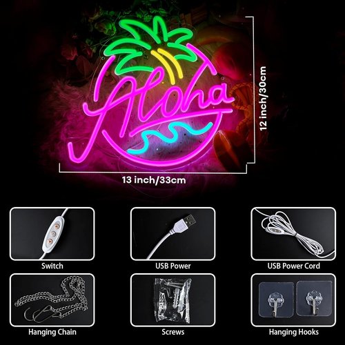 Aloha Neon Sign - Tropical Beach Party Decor | LED Aloha Light for Tiki Bar | Pink, Blue & Green