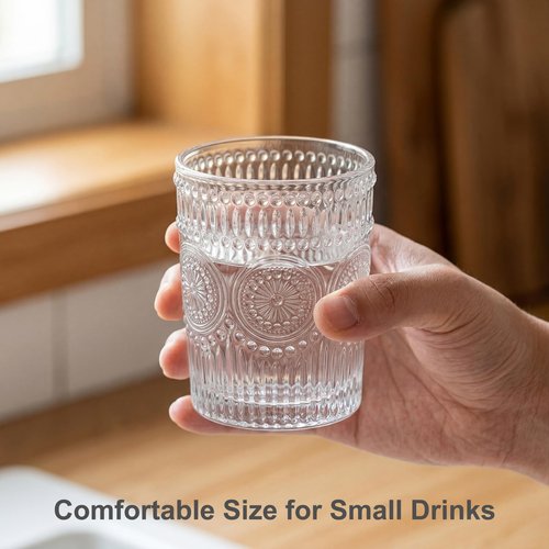 Kingrol 6 Pack SMALL 9 oz Drinking Glasses, Vintage Embossed Tumblers for Juice, Cocktails, Iced Tea