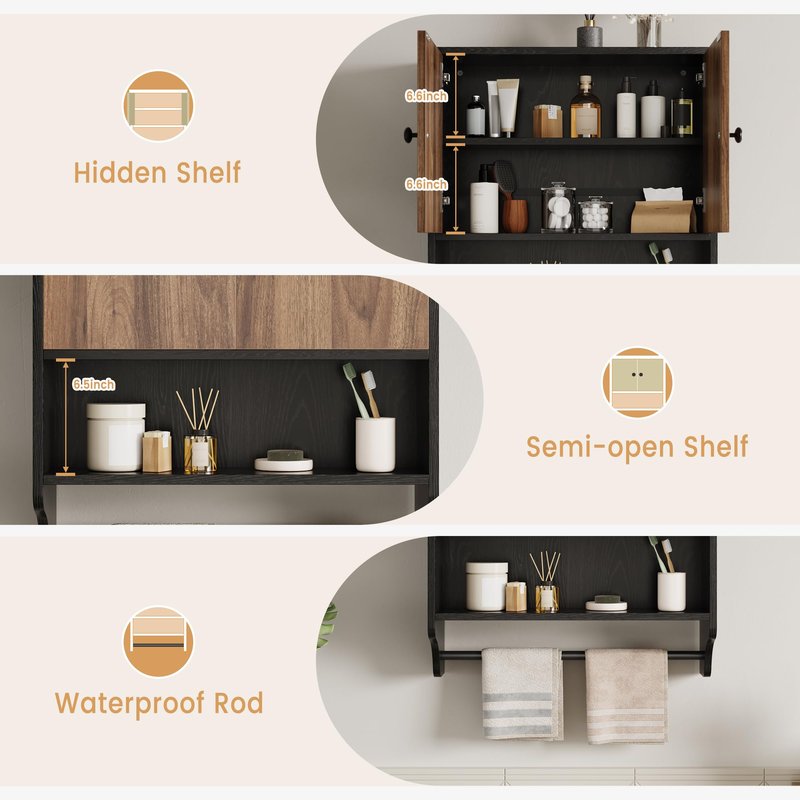 LuyFuitre Bathroom Wall Cabinets, Medicine Cabinet with Open Partition and Towel Bar for Bathroom, Living Room, Kitchen, Black & Walnut