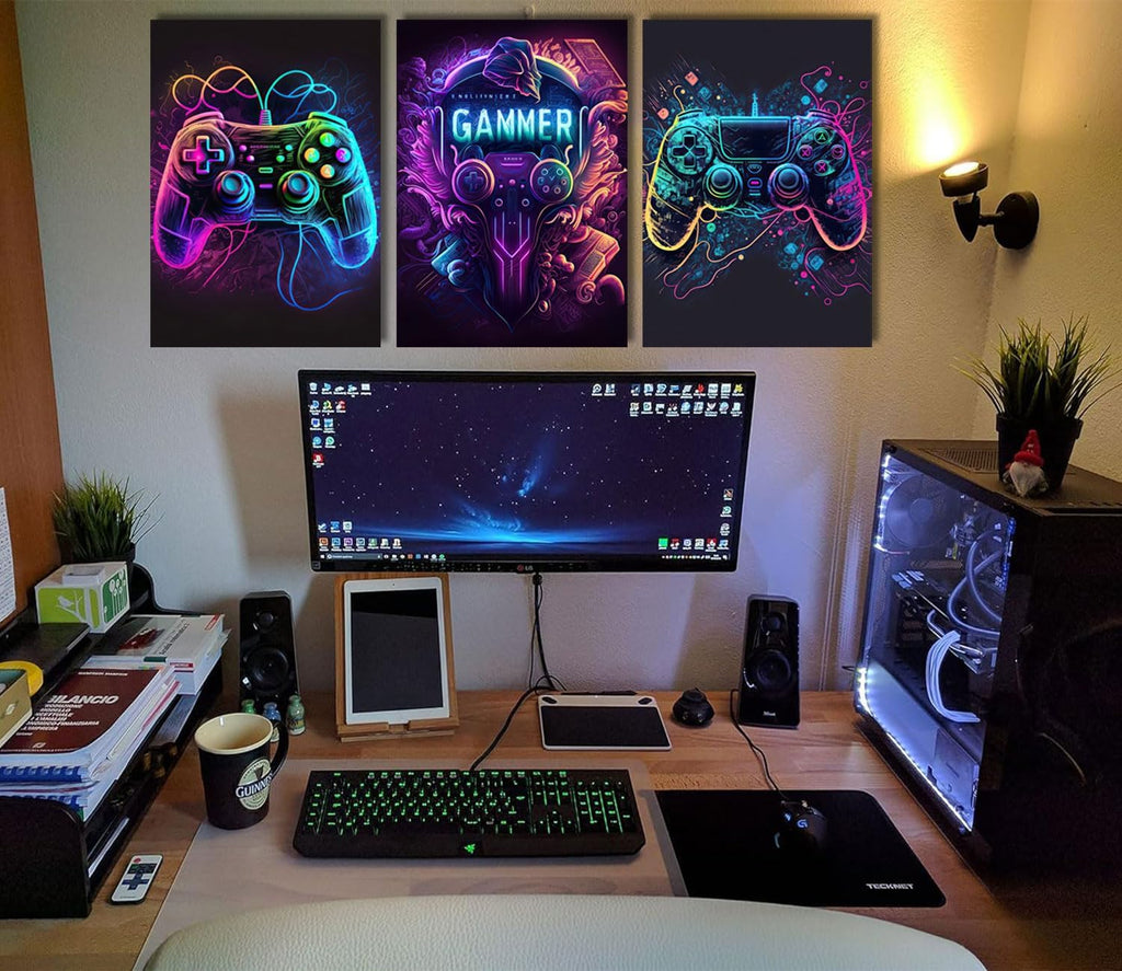 Riveda Gaming Wall Art - Colorful Neon Gamepad Canvas Prints for Boys' Room | Unframed 16"x24" (3pcs)