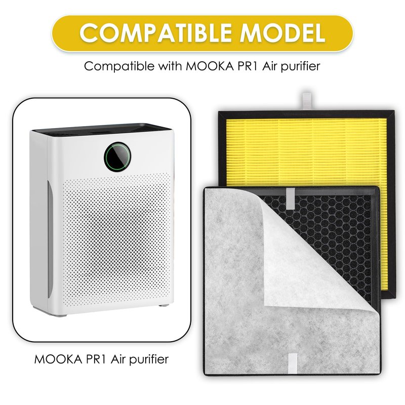 3+6 Pack PR1 Filter Pet Care Replacement Filter for Mooka PR1 Air Purifier, H13 True HEPA Filter, 3-in-1 Activated Carbon Filter for Home Large Room up to 2200sq.ft, with 6 Pieces Washable Pre-Filters