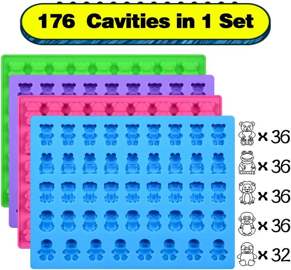 Silicone Candy Gummy Bear Molds - Premium 4-Pack with Bears, Frogs, Lions & Monkeys | Includes 2 Droppers