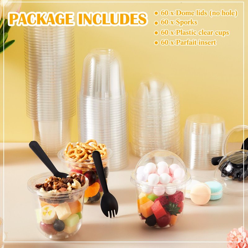 Gandeer 60 Pack Clear Plastic Parfait Cups with Dome Lids No Hole Disposable Party Dessert Cups with Lids Insert Spork Round Fruit Containers with Lid for Yogurt Fruit Cereal Ice Cream (12 oz)